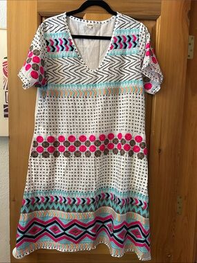Embroidered White V-Neck Midi Dress with Pink & Turquoise Accents